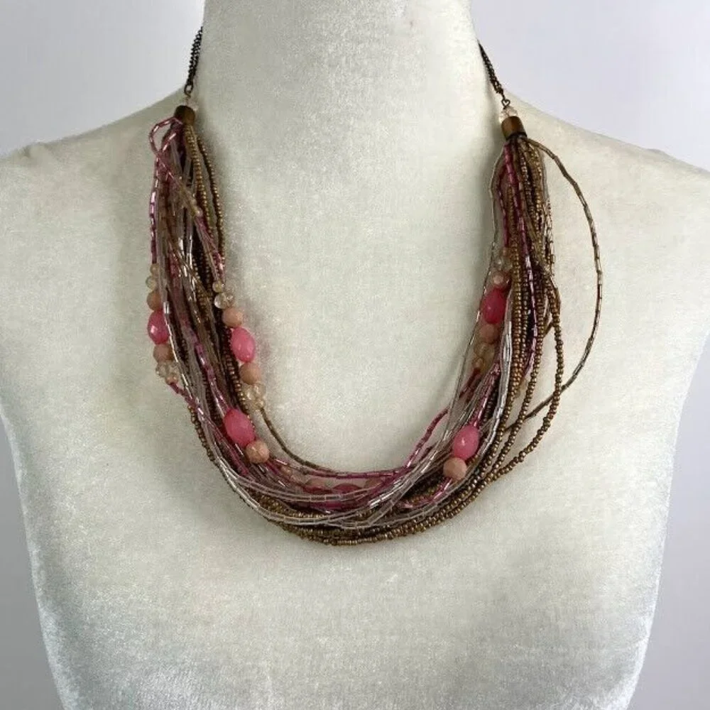Beaded Necklace Multi Strand Twisted Seed Bead‎ Pink Clear Gold Tone Statement